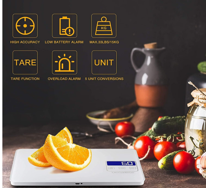 MegaWise Digital Kitchen Scale – 33lb/15kg Waterproof & Rechargeable Food Scale, 1g/0.04oz Precision, 5-Unit Conversion, LCD Display, Tare Function – for Baking, Cooking, and Meal Prep (2)