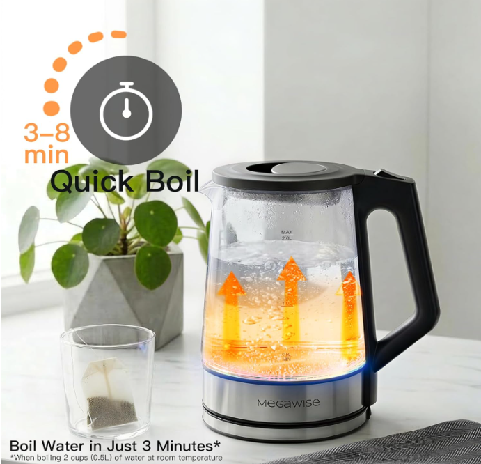 MEGAWISE Electric Glass Kettle 2L, LED Light, Auto Shut-Off
