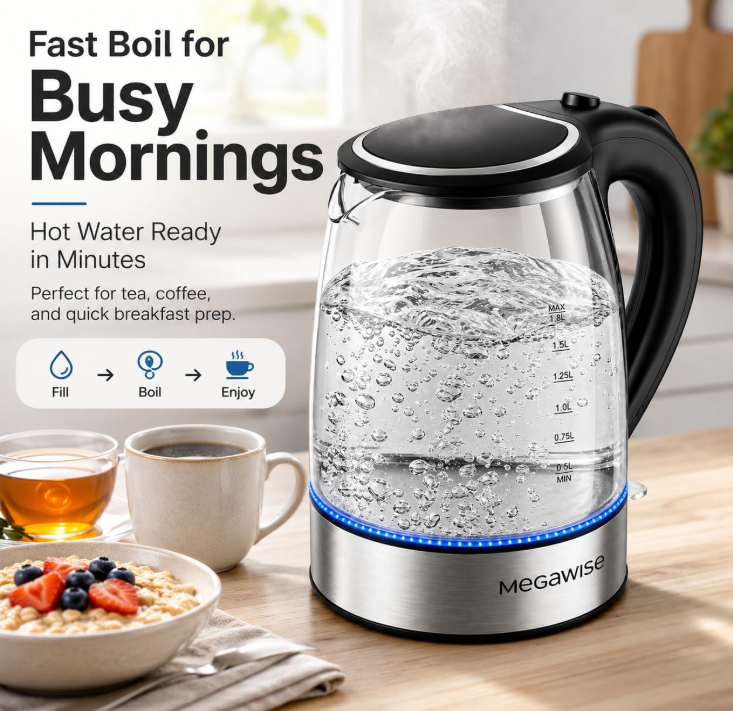 MEGAWISE 1.8 L Glass Electric Kettle, 1000W, Auto Shut-Off, Black
