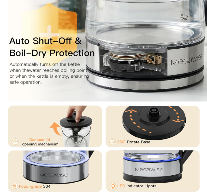 MEGAWISE Electric Glass Kettle 2L, LED Light, Auto Shut-Off