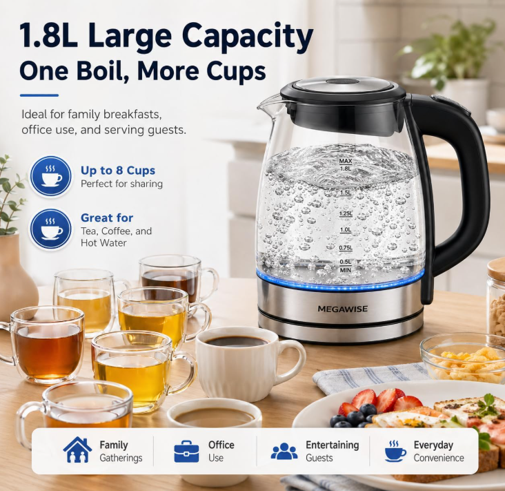 MEGAWISE 1.8 L Glass Electric Kettle, 1000W, Auto Shut-Off, Black