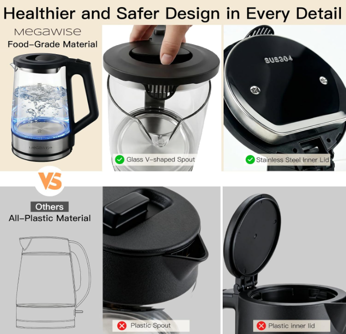 MEGAWISE Electric Glass Kettle 2L, LED Light, Auto Shut-Off