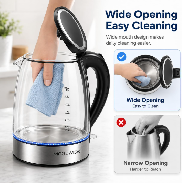 MEGAWISE 1.8 L Glass Electric Kettle, 1000W, Auto Shut-Off, Black