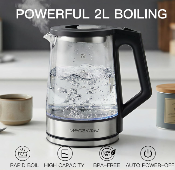 MEGAWISE Electric Glass Kettle 2L, LED Light, Auto Shut-Off