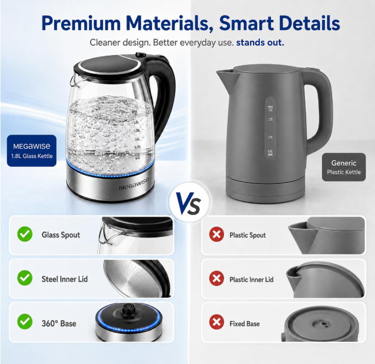 MEGAWISE 1.8 L Glass Electric Kettle, 1000W, Auto Shut-Off, Black