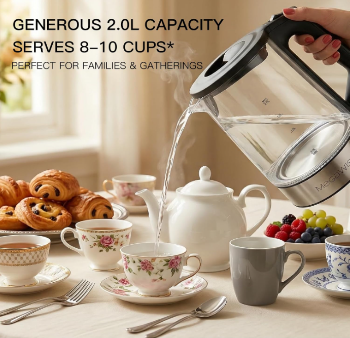 MEGAWISE Electric Glass Kettle 2L, LED Light, Auto Shut-Off