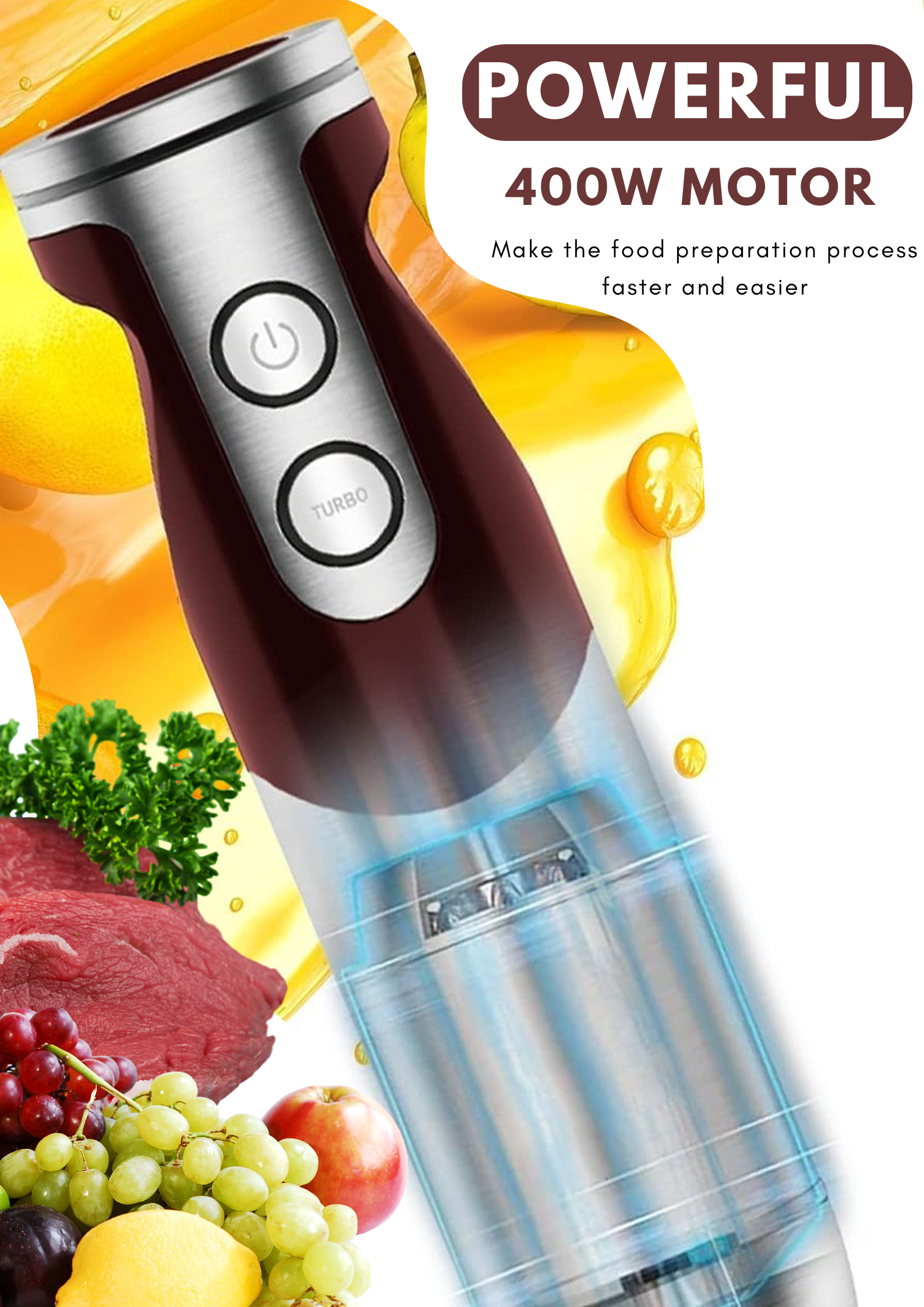 MEGAWISE Pro 5-in-1 Immersion Hand Blender, 400W Powerful Motor, 12 Speed Settings, 500ml Chopper, 600ml Beaker, Whisk & Milk Frother, Titanium-Reinforced Blades for Superior Blending