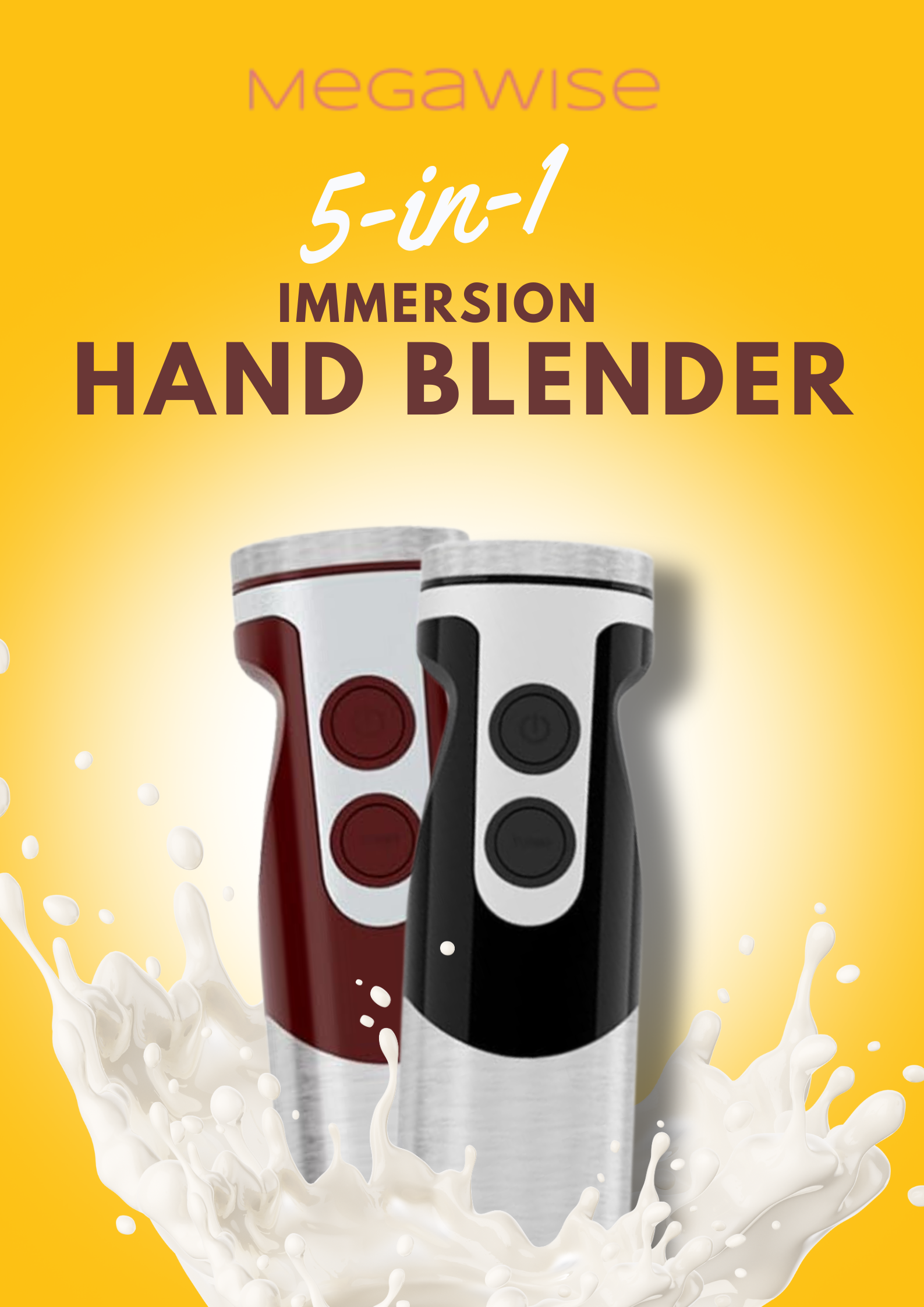 MEGAWISE Pro 5-in-1 Immersion Hand Blender, 400W Powerful Motor, 12 Speed Settings, 500ml Chopper, 600ml Beaker, Whisk & Milk Frother, Titanium-Reinforced Blades for Superior Blending