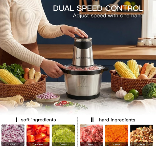 MEGAWISE Electric Food Processor, 1000W Meat Grinder & Vegetable Chopper with 6L 304# Stainless Steel Bowl, Dual-Speed Food Chopper for Meat, Vegetables, Fruits, Nuts, and Baby Food