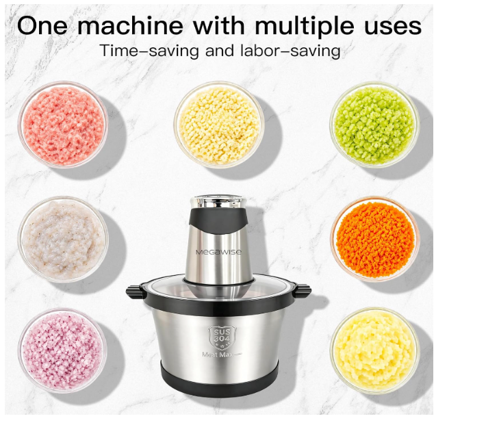 MEGAWISE Electric Food Processor, 1000W Meat Grinder & Vegetable Chopper with 6L 304# Stainless Steel Bowl, Dual-Speed Food Chopper for Meat, Vegetables, Fruits, Nuts, and Baby Food