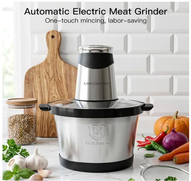 MEGAWISE Electric Food Chopper 800W, Dual-Speed Meat Grinder with1.2L 304# Stainless Steel Bowl & 2.2L Glass Bowl, BPA-Free Food Processor for Meat, Vegetables, and Nuts