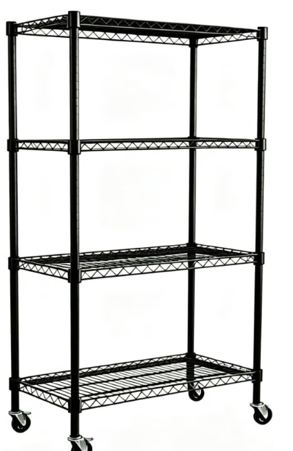 MEGAWISE 4-Tier Black Wire Shelf with Wheels, Adjustable Metal Storage Rack for Home Garage Kitchen Pantry, 35.71