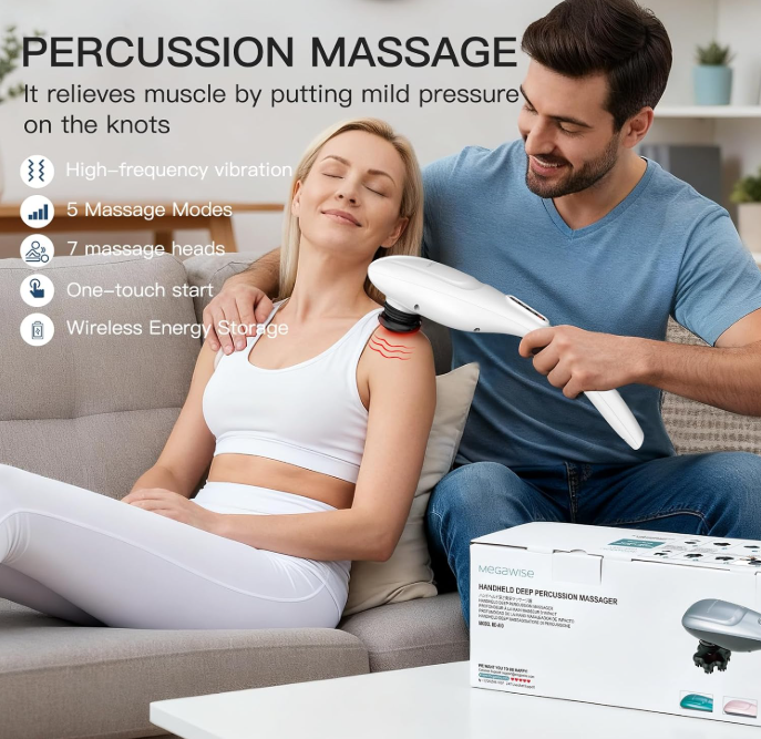 MEGAWISE Cordless Hand Massager, Deep Tissue Massager with 5 Massage Heads