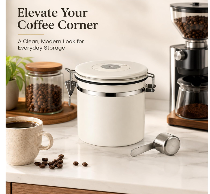 MEGAWISE 1.8L 304 Steel Airtight Coffee Canister with Scoop & Date Tracker