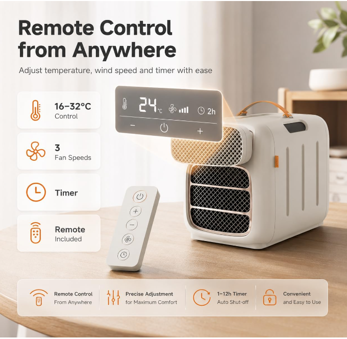 MEGAWISE Portable Air Conditioner and Heater, 420W 110V Compact AC Unit with Remote Control, 1400W Cooling Capacity, 800W Heating, Dehumidifier, Fan, Sleep Timer, Champagne