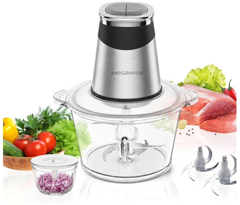 MEGAWISE Food processor with 500W powerful copper-core motor, Electric Food Chopper with Meat Grinder & Vegetable Chopper, 2 Bowls (0.6L & 3L Glass Bowls),Double-layer blades for Fruits/Meat/Nuts