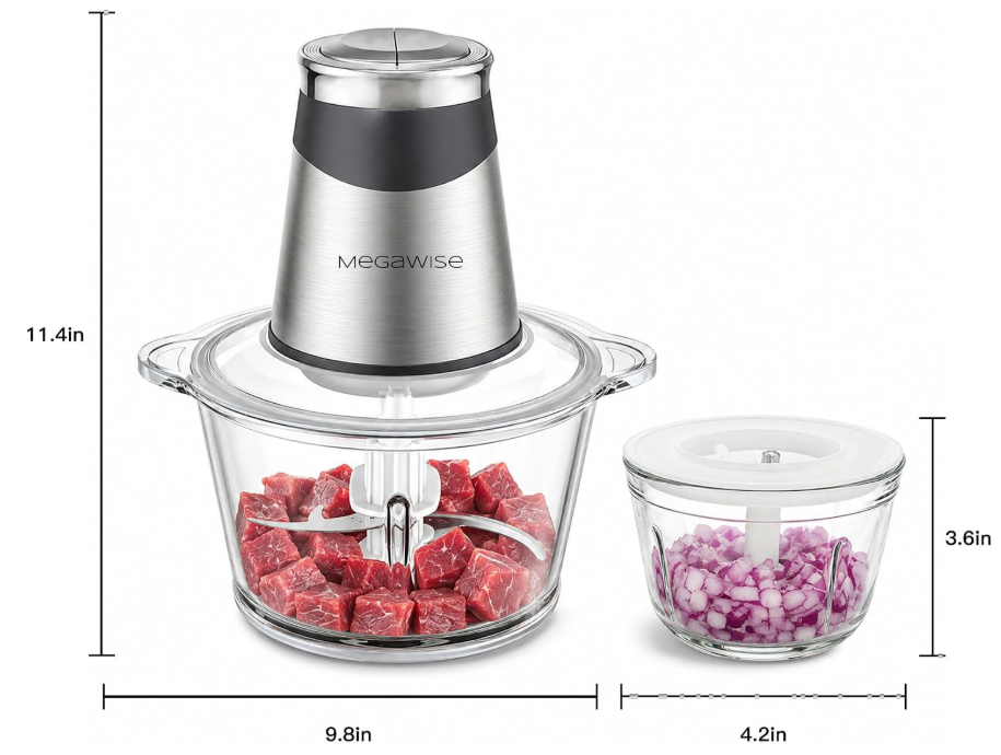 MEGAWISE Food processor with 500W powerful copper-core motor, Electric Food Chopper with Meat Grinder & Vegetable Chopper, 2 Bowls (0.6L & 3L Glass Bowls),Double-layer blades for Fruits/Meat/Nuts