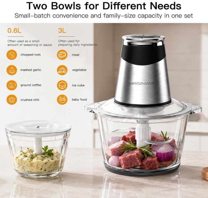 MEGAWISE Food processor with 500W powerful copper-core motor, Electric Food Chopper with Meat Grinder & Vegetable Chopper, 2 Bowls (0.6L & 3L Glass Bowls),Double-layer blades for Fruits/Meat/Nuts