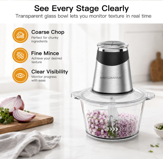 MEGAWISE Food processor with 500W powerful copper-core motor, Electric Food Chopper with Meat Grinder & Vegetable Chopper, 2 Bowls (0.6L & 3L Glass Bowls),Double-layer blades for Fruits/Meat/Nuts