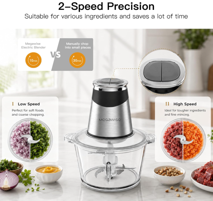 MEGAWISE Food processor with 500W powerful copper-core motor, Electric Food Chopper with Meat Grinder & Vegetable Chopper, 2 Bowls (0.6L & 3L Glass Bowls),Double-layer blades for Fruits/Meat/Nuts