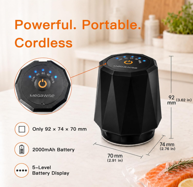MEGAWISE Portable Vacuum Sealer, 58kPa, Cordless, One-Touch Pump