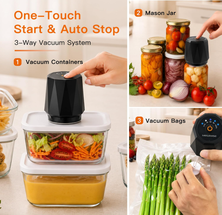 MEGAWISE Portable Vacuum Sealer, 58kPa, Cordless, One-Touch Pump