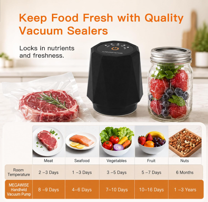 MEGAWISE Portable Vacuum Sealer, 58kPa, Cordless, One-Touch Pump