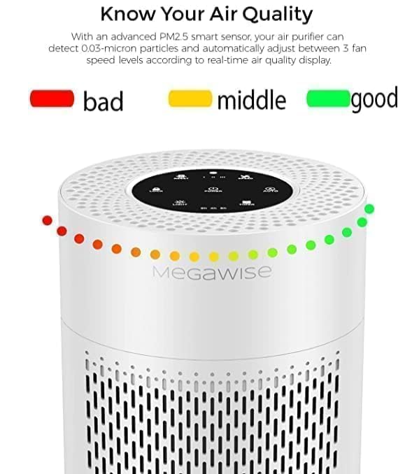 MEGAWISE Air Purifier for Home and Pets Hair, Smokers in Bedroom, Large Room, Smart Air Quality Sensor, Filters VOCs, Odors, Dust, Ozone Free