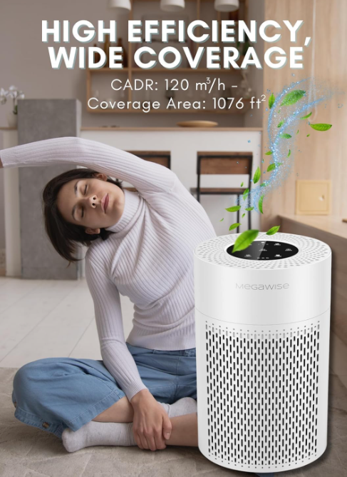 MEGAWISE Air Purifier for Home and Pets Hair, Smokers in Bedroom, Large Room, Smart Air Quality Sensor, Filters VOCs, Odors, Dust, Ozone Free