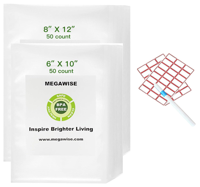 MEGAWISE Vacuum Sealer Bags 100 Count, 50pcs 6x10 & 50pcs 8x12 Bags