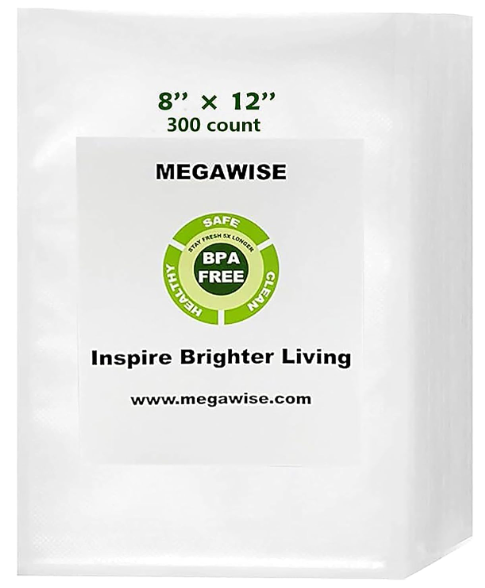 MEGAWISE 300‑Count 8''×12'' Pre‑Cut Vacuum Sealer Bags, BPA‑Free Food Grade Embossed Storage Bags, Heavy‑Duty, Compatible with MEGAWISE, Food Saver, Seal‑a‑Meal, Weston, for Meal Prep & Sous Vide