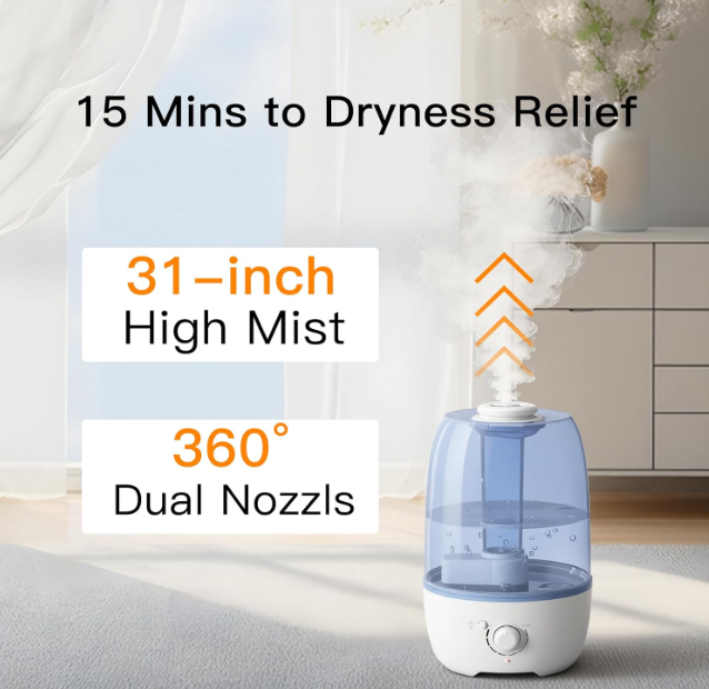 MEGAWISE APJ803 Cool Mist Humidifier, 3.2L Large Capacity, White, US Plug Ultrasonic Humidifier for Bedroom Home Office