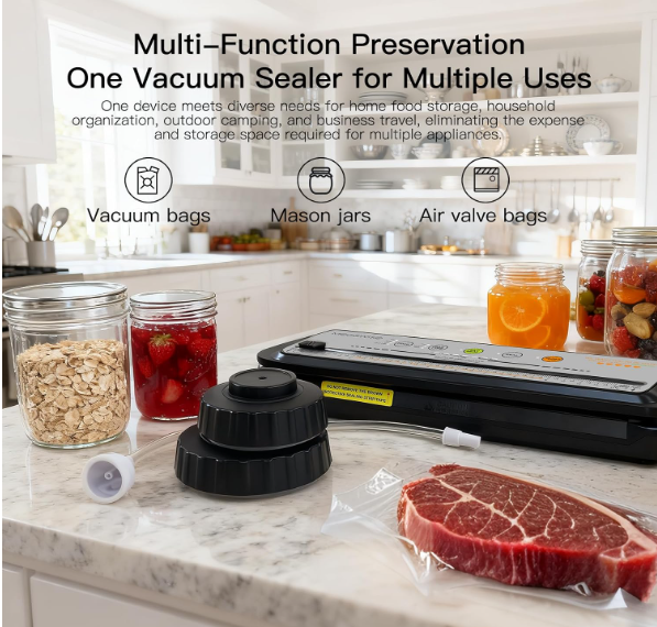MEGAWISE Vacuum Sealer Machine, Dry & Moist Modes, Hose, 10 Bags & 20 Mason Jar Lids, Compact Home Food Storage Sealer