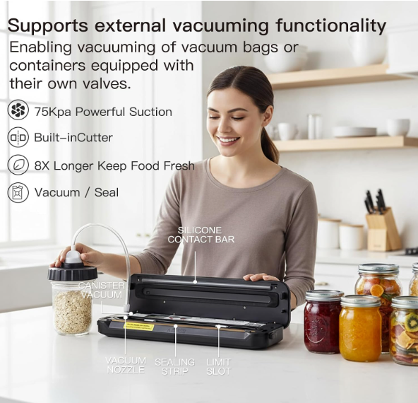 MEGAWISE Vacuum Sealer Machine, Dry & Moist Modes, Hose, 10 Bags & 20 Mason Jar Lids, Compact Home Food Storage Sealer