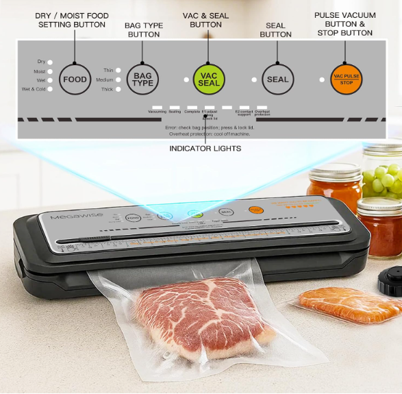 MEGAWISE Vacuum Sealer Machine, Dry & Moist Modes, Hose, 10 Bags & 20 Mason Jar Lids, Compact Home Food Storage Sealer