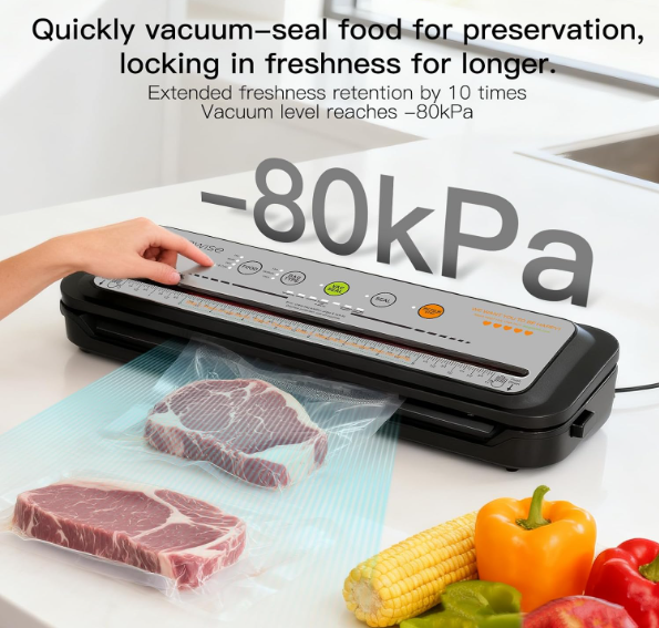 MEGAWISE Vacuum Sealer Machine, Dry & Moist Modes, Hose, 10 Bags & 20 Mason Jar Lids, Compact Home Food Storage Sealer