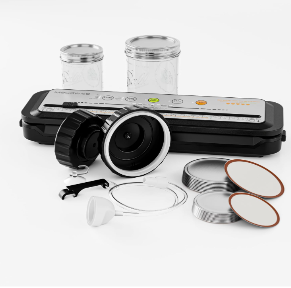 MEGAWISE Vacuum Sealer Machine, Dry & Moist Modes, Hose, 10 Bags & 20 Mason Jar Lids, Compact Home Food Storage Sealer