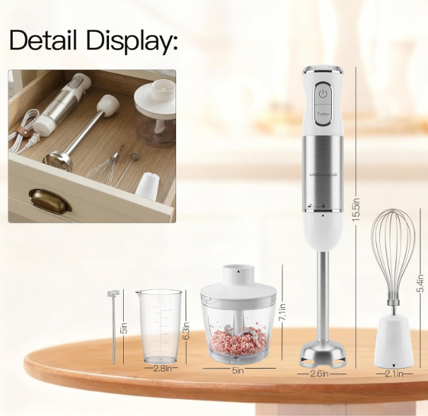 MEGAWISE Immersion Blender, 1100W Hand Blender with 5-in-1 Attachments