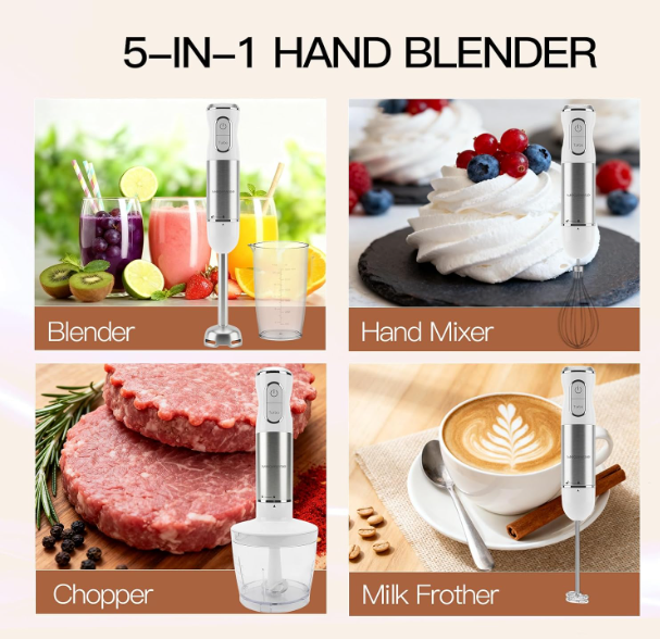 MEGAWISE Immersion Blender, 1100W Hand Blender with 5-in-1 Attachments