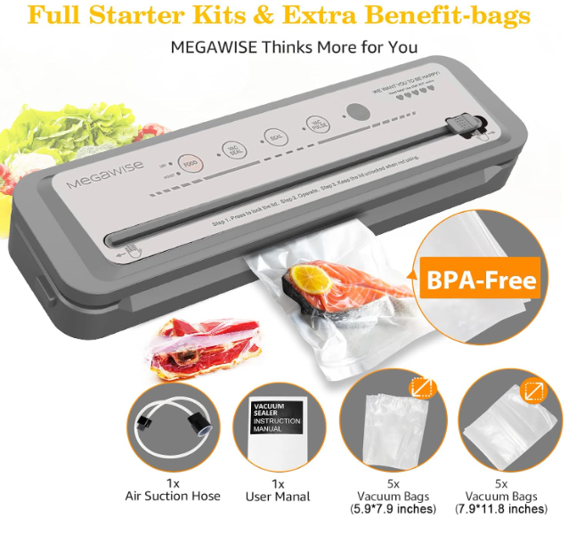 MEGAWISE Vacuum Sealer Machine, 2025 Model with 80kPa Suction Power, One-Touch Operation, Built-in Cutter, Compact Design, Vacuum Bags Included (Grey) (16.14 x 4.02inch)