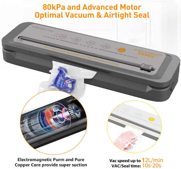 MEGAWISE Vacuum Sealer Machine, 2025 Model with 80kPa Suction Power, One-Touch Operation, Built-in Cutter, Compact Design, Vacuum Bags Included (Grey) (16.14 x 4.02inch)