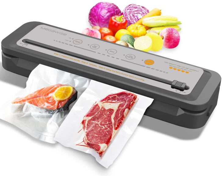 MEGAWISE Vacuum Sealer Machine, 2025 Model with 80kPa Suction Power, One-Touch Operation, Built-in Cutter, Compact Design, Vacuum Bags Included (Grey) (16.14 x 4.02inch)