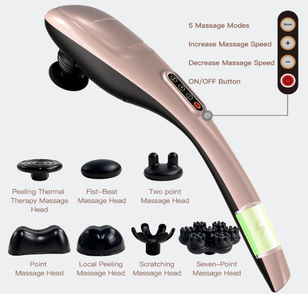 MEGAWISE Cordless Handheld Back Massager w/Rechargeable 3200mAh Battery, 5 Speed and 5 +2 Massage Nodes with Hard, Medium and 2 Soft Silicone Nodes; Massage While Moving Around (Rose Gold)