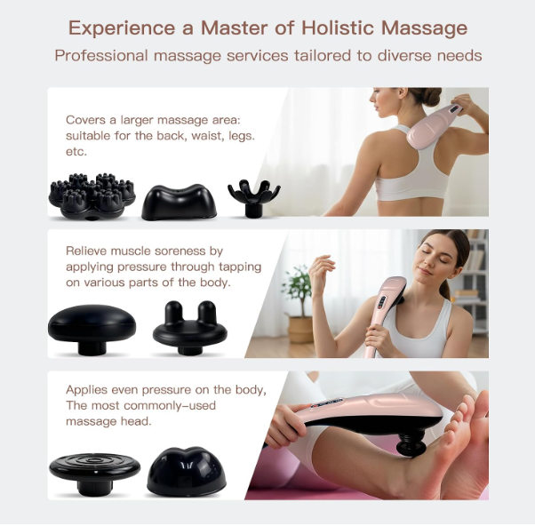 MEGAWISE Cordless Handheld Back Massager w/Rechargeable 3200mAh Battery, 5 Speed and 5 +2 Massage Nodes with Hard, Medium and 2 Soft Silicone Nodes; Massage While Moving Around (Rose Gold)