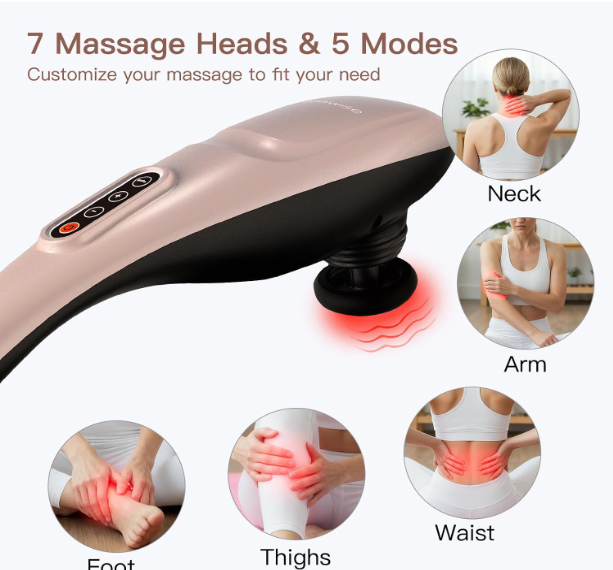 MEGAWISE Cordless Handheld Back Massager w/Rechargeable 3200mAh Battery, 5 Speed and 5 +2 Massage Nodes with Hard, Medium and 2 Soft Silicone Nodes; Massage While Moving Around (Rose Gold)