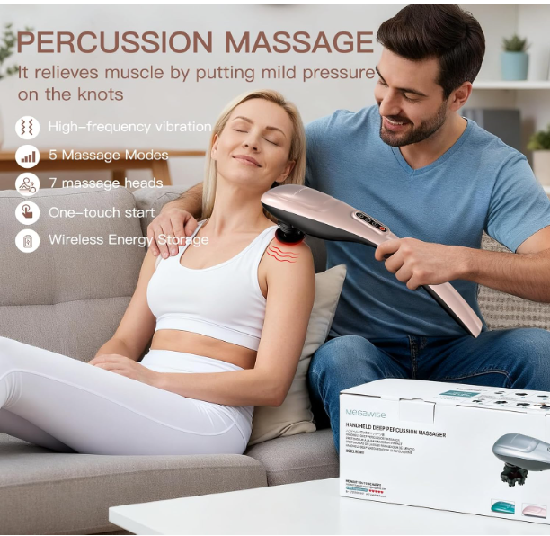 MEGAWISE Cordless Handheld Back Massager w/Rechargeable 3200mAh Battery, 5 Speed and 5 +2 Massage Nodes with Hard, Medium and 2 Soft Silicone Nodes; Massage While Moving Around (Rose Gold)
