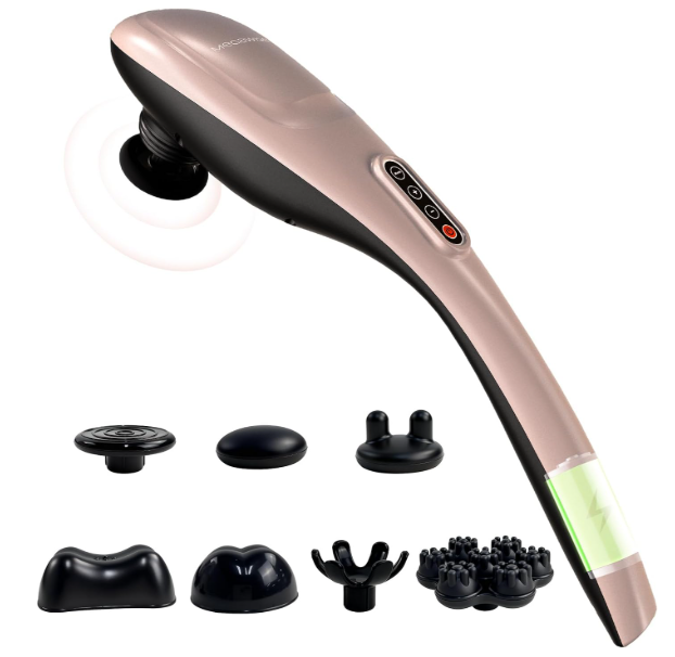 MEGAWISE Cordless Handheld Back Massager w/Rechargeable 3200mAh Battery, 5 Speed and 5 +2 Massage Nodes with Hard, Medium and 2 Soft Silicone Nodes; Massage While Moving Around (Rose Gold)