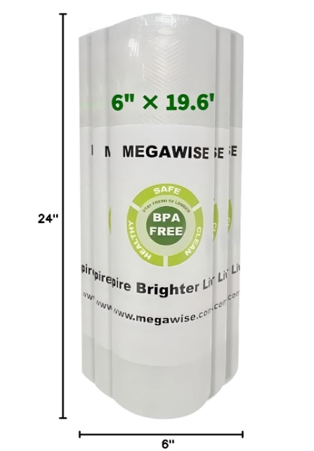 MegaWise 5 roll Vacuum Sealer Machine Bags, 6 inch wide and 19.6 Feet Long for Megawise & other brand vacuum Perfect for Meal Prep and Sous Vide Cooking (6