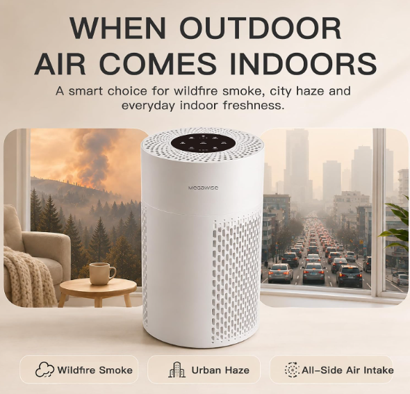 MEGAWISE Quiet Desktop Air Purifier, Featuring A Three-Stage Filtration System with H13-Grade HEPA Filter, Covers 700 Sq Ft, Ideal for Homes and Offices, Gray