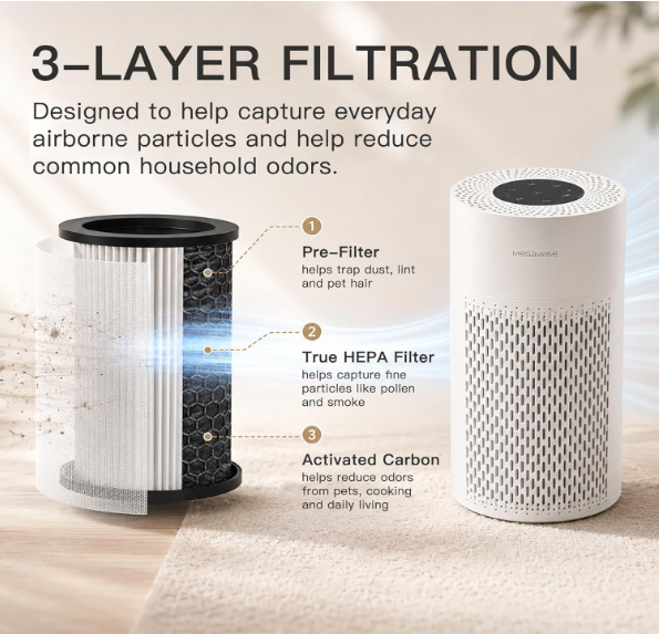 MEGAWISE Quiet Desktop Air Purifier, Featuring A Three-Stage Filtration System with H13-Grade HEPA Filter, Covers 700 Sq Ft, Ideal for Homes and Offices, Gray